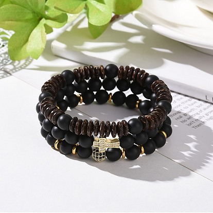 3Pcs Natural Black Agate(Dyed) and Coconut Beads Stretch Bracelets Set, Cross & Round Brass Micro Pave Cubic Zirconia Jewelry for Women Men