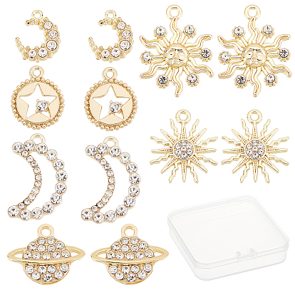 24Pcs 6 Style Alloy Pendants, with Crystal Rhinestone, Flower & Moon & Flat Round & Planet & Sun