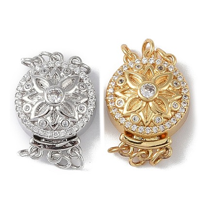 Покрытие стойки латунь микро паве прозрачный кубический цирконий застежки коробки, 3 нитей, 6-луночное, плоские круглые с цветочным узором