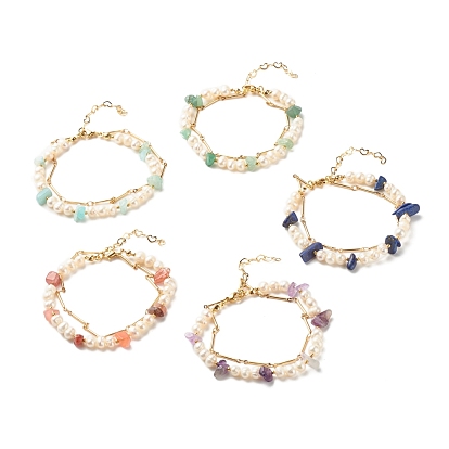 Natural Mixed Stone & Pearl Beads Double Layered Bracelet, Reiki Bracelet with Link Chain, Golden