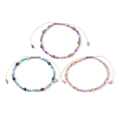 3 шт. 3 набор цветных браслетов из натуральных смешанных драгоценных камней и стеклянных бусин из плетеных бусин, нейлоновые регулируемые браслеты
