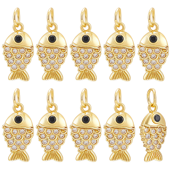10Pcs Brass Micro Pave Clear Cubic Zirconia Pendants, Fish Charms, Long-Lasting Plated, Lead and Cadmium Free