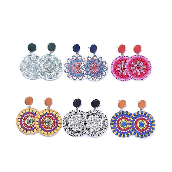 Окрашенные деревянные серьги-гвоздики с рисунком, с плоскими круглыми бусинами из окрашенной груши и 304 из нержавеющей стали, пластиковые гайки для ушей