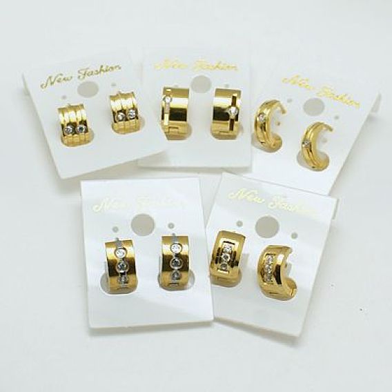 Mode 304 Edelstahl huggie Creolen, mit Strass-Steinen, Vergoldete, 12~12.5x13~13.5x4~9 mm, Stift: 0.8 mm