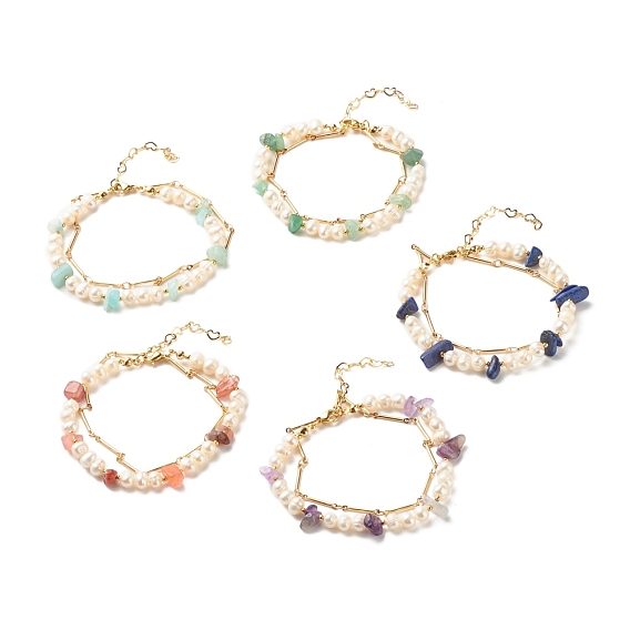 Natural Mixed Stone & Pearl Beads Double Layered Bracelet, Reiki Bracelet with Link Chain, Golden