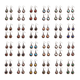 Gemstone Teardrop Dangle Earrings, Red Copper Plated Hollow Brass Earrings for Women