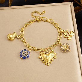 304 Pulseras de acero inoxidable con dijes de corazón, flor y cisne para mujer