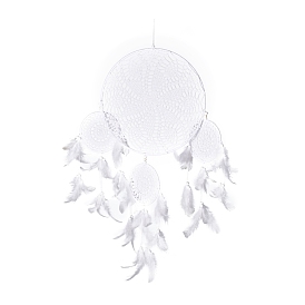 Handmade Round Cotton Woven Net/Web with Feather Wall Hanging Decoration, with Iron Rings, Wooden Beads, for Home Offices Amulet Ornament