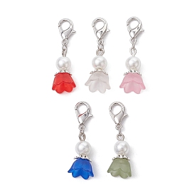 Acrylic Flower & Glass Pearl Pendant Decoration, with Alloy Lobster Claw Clasps