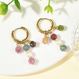Natural Cultured Freshwater Pearl & Natural Multicolor Tourmaline Dangle Earrings, 202 Stainless Steel Huggie Hoop Earrings for Women
