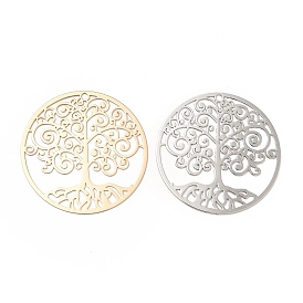 Rack Plating Brass Filigree Pendants, Long-Lasting Plated, Flat Round with Tree of Life