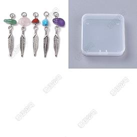 50Pcs 5 Styles Natural Rose Quartz & Amethyst & Howlite & Red Jasper & Green Aventurine Chip Pendants, Tibetan Style Alloy Feather Charms