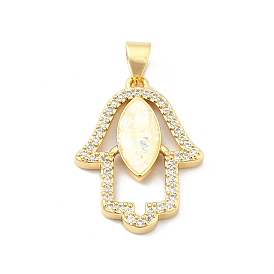 Brass Micro Pave Clear Cubic Zirconia Pendants, with Sythetic Opal, Hamsa Hand/Hand of Fatima/Hand of Miriam