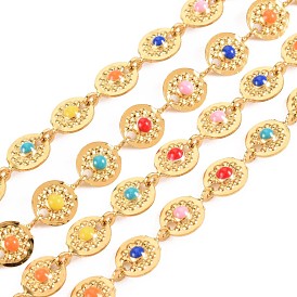 304 Stainless Steel Flat Round with Flower Link Chains, with Enamel, Real 18K Gold Plated, Soldered