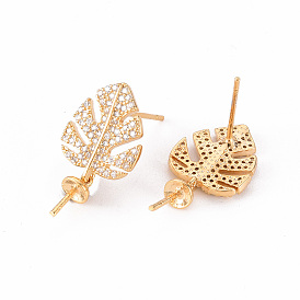 Brass Micro Pave Clear Cubic Zirconia Stud Earrings Findings, for Half Drilled Bead, Nickel Free, Leaf