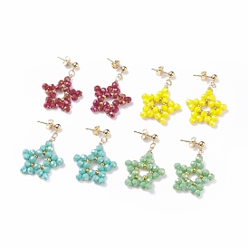Glass Braided Pentagram Dangle Stud Earrings, 304 Stainless Steel Wire Wrap Jewelry for Women