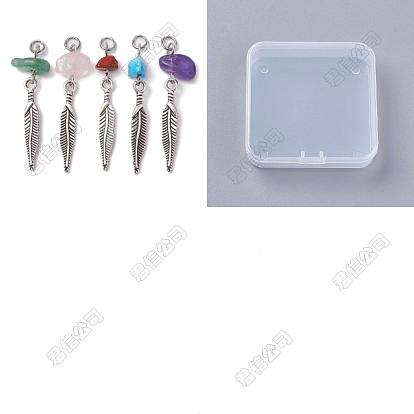 50Pcs 5 Styles Natural Rose Quartz & Amethyst & Howlite & Red Jasper & Green Aventurine Chip Pendants, Tibetan Style Alloy Feather Charms