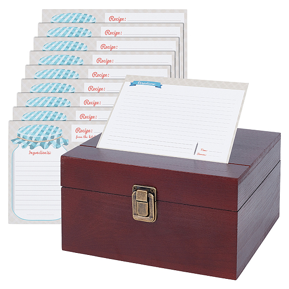 1Бамбуковые коробки для хранения рецептов с защелками, прямоугольные, с 2 пакетами прямоугольные кухонные карточки с рецептами