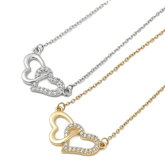 Латунные микропаве прозрачные кубические цирконии двойные подвески в форме сердца ожерелья, 304 из нержавеющей стали кабель цепи ожерелья