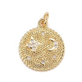 Brass Micro Pave Cubic Zirconia Pendants, Real 18K Gold Plated, Lead Free & Cadmium Free, Flat Round with Star & Moon