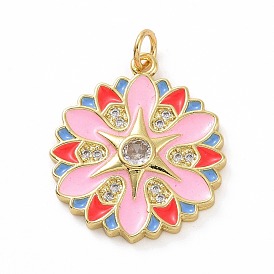 Brass Micro Pave Clear Cubic Zirconia Pendants, Real 18K Gold Plated, with Enamel and Jump Ring, Flower Charms