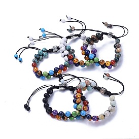 Natural/Synthetic Gemstone Braided Bead Bracelets, Multi-strand Bracelets, with Tibetan Style Alloy European Beads and Nylon Thread