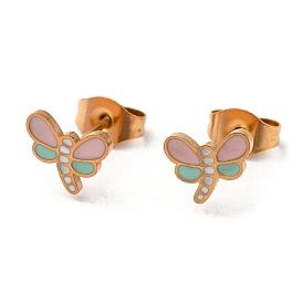 Ion Plating(IP) 304 Stainless Steel Stud Earrings with Colorful Enamel, Dragonfly Shape