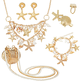 Bracelet à breloques en coquillage naturel et alliage d'étoile de mer, collier plastron, bague réglable, boucles d'oreilles pendantes, pince à cheveux en alligator et mini sacs à bandoulière, ensemble de bijoux sur le thème de l'océan pour les femmes