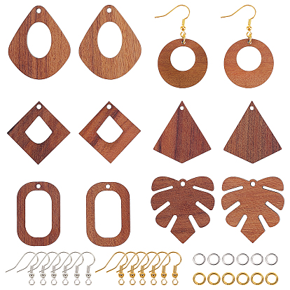 Kits de fabricación de pendientes colgantes de bricolaje, incluyendo colgantes de madera de nogal sin teñir, Ganchos del pendientes de latón, anillos de cobre amarillo del salto, formas mixtas