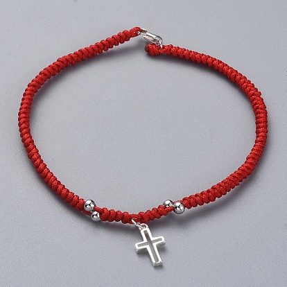 Tisser des bracelets à breloques, avec du fil de nylon, 925 fermoirs et breloques en forme de griffe de homard en argent sterling, des boîtes en carton, croix