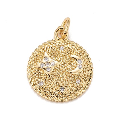 Brass Micro Pave Cubic Zirconia Pendants, Real 18K Gold Plated, Lead Free & Cadmium Free, Flat Round with Star & Moon