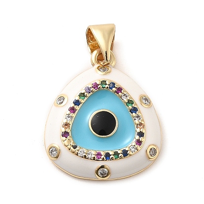 Real 18K Gold Plated Brass Clear Cubic Zirconia Pendants, with Enamel, Triangle with Evil Eye