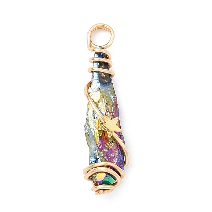 Electroplated Raw Rough Natural Quartz Crystal Copper Wire Wrapped Pendants, Rainbow Plated Teardrop Charms with Brass Star Beads