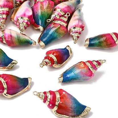 Brass & Spray Painted Natural Shell Pendants, Conch Shape Charms, with Golden Plated Edge