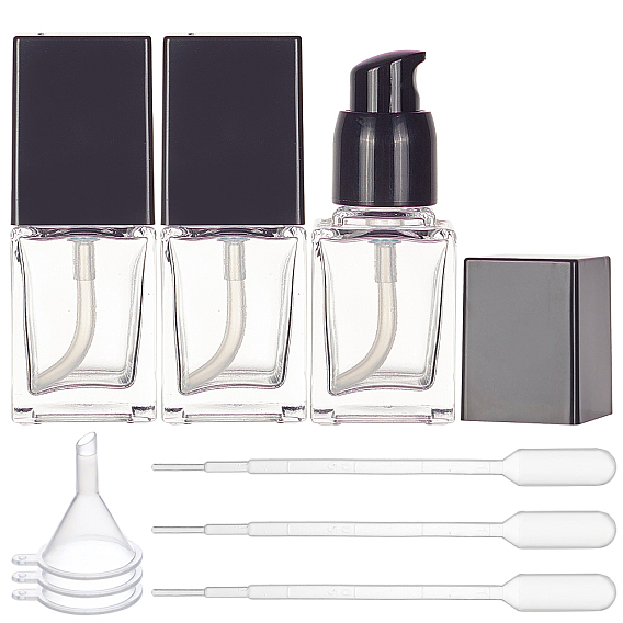 Glass Dispensing Pump Bottle, with PP Cover, Plastic Funnel Hopper and Pipettes, Rectangle