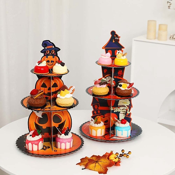 3 Tier Halloween Paper Cupcake Stand, Print Cardboard Dessert Tower, Halloween Party Table Centerpiece
