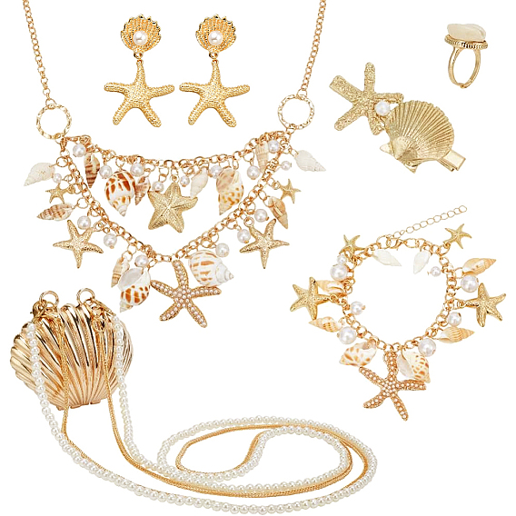 Pulsera con dije de estrella de mar de aleación y concha natural, collar babero, anillo ajustable, pendientes colgantes, pinza para el cabello de piel de cocodrilo y mini bolsos bandolera., conjunto de joyas con tema del océano para mujer