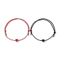 2Pcs 2 Color Alloy Enamel Heart Braided Bead Bracelets Set, Waxed Polyester Cords Adjustable Bracelets