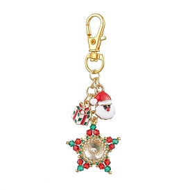 Christmas Star Glass Seed & Alloy Enamel Pendant Decoration, Alloy Swivel Lobster Claw Clasps Charms for Bag Ornaments