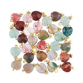 30pcs 5 Stile natürliche und synthetische Edelstein-Anhänger, natürlicher roter Regenbogenjaspis & indischer Achat & grüner Aventurin & grauer Achat, Kirsche Quarzglas, mit Messing-Schleifen, facettierte Herz