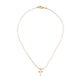 Cross Brass Pendant Necklaces, with Natural Cultured Freshwater Pearl Beads and 304 Stainless Steel Lobster Claw Clasps