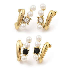 PVD Vacuum Plating Golden 304 Stainless Steel Stud Earrings for Women, with Rhinestone and Plastic Imitation Pearl