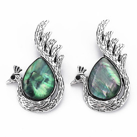 Natural Paua Shell Peacock Brooch, Alloy Lapel Pin with Loop for Backpack Clothes Pendant Jewelry, Cadmium Free & Lead Free, Antique Silver