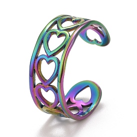 Chapado en iones de color del arco iris (ip) 304 anillo de puño abierto con envoltura de corazón de acero inoxidable para mujer