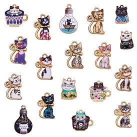 18 pcs 4 pendentifs en émail d'alliage d'halloween de style, pour bijoux collier bracelet boucle d'oreille fabrication artisanat, ampoule et chat et tasse chat