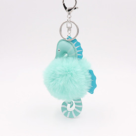 Cute little seahorse animal fur ball key chain pendant PU leather marine animal fur ball bag pendant