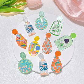 Contrast color geometric print acrylic earrings female s925 silver needle pastoral style earrings earrings