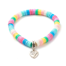 Handmade Polymer Clay Heishi Beads Stretch Bracelet, Heart Alloy Charm Bracelet for Women