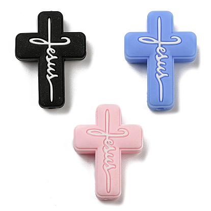 Cross with Word Jesus Silicone Focal Beads, Chewing Beads For Teethers, DIY Nursing Necklaces Making