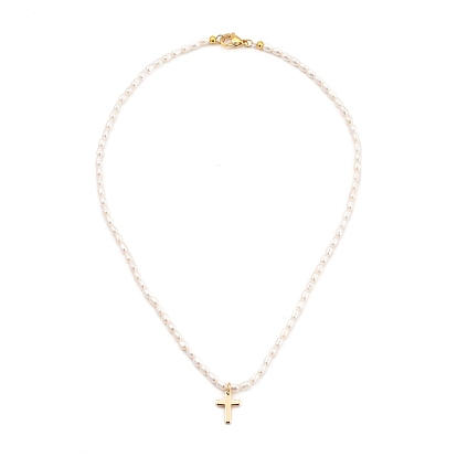 Cross Brass Pendant Necklaces, with Natural Cultured Freshwater Pearl Beads and 304 Stainless Steel Lobster Claw Clasps
